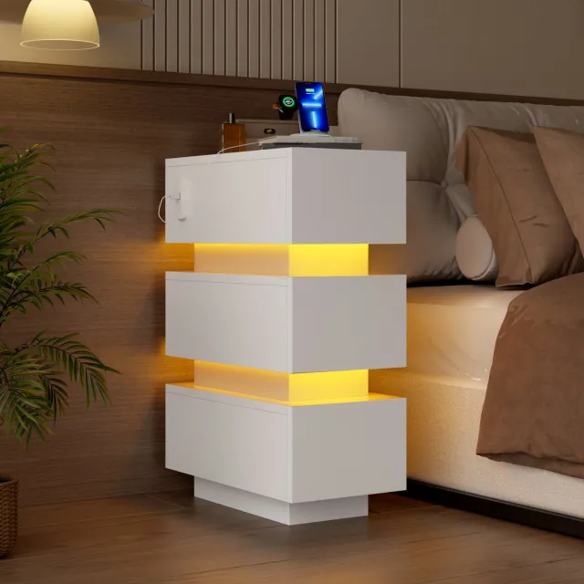 STILVORA Bedtafel - Smal Met 3 Lades En Ledverlichting - Laadfunctie Voor Slaapkamer - Spaanplaat - 20x40x59,5 Cm - Wit