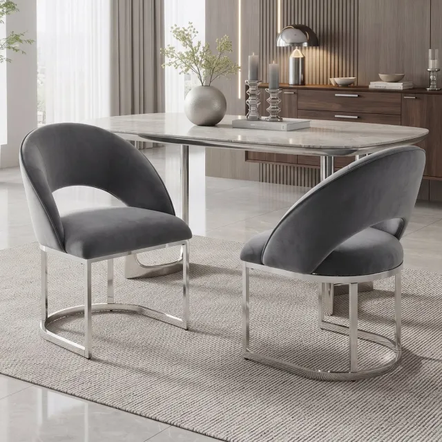 VVBV Eetkamerstoel 59x56x80 cm – Gestoffeerde Eetkamerstoel – Scandinavisch – Modern Design – Voor Woonkamer – Grijs + Zilver