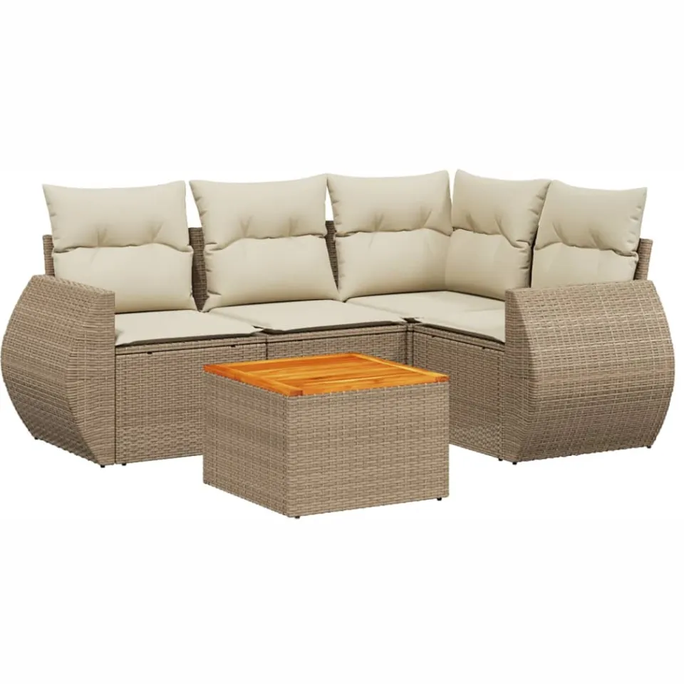 vidaXL 5-delige Loungeset met kussens poly rattan beige, foto 3