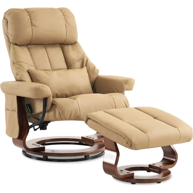 MARA Luxe Massagestoel - Met Kruk - 360° Draaibaar - Relaxstoel - Ligfunctie - Kunstleer - Hout - Geel Beige - 90 x 86 x 110 cm