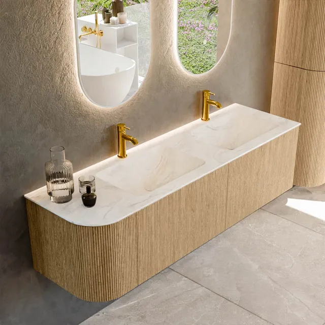 Mondiaz KURVE-DLUX 155 cm Onderkast Greeploos 2 Lades Met Deuren Oak, Wastafel Solid Surface Rechts Ostra 2 Kraangaten Zonder Spiegel (KRVLEA155L2L1D2KD-Oak/Ost)