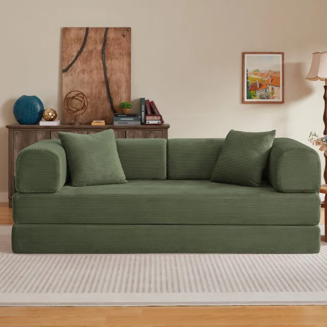 Wishdor Slaapbank - 3-zits met 2 kussens - Uitklapbare sofa en logeerbed - Scandinavische stijl - Woonkamer of slaapkamer - Corduroy stof - Groen