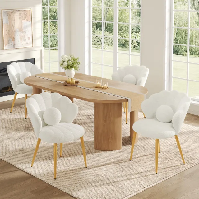 STILVORA Eetkamerstoel - Kuipstoel - Set van 4 - Teddy Stof Met Sierkussen En Goudkleurige Metalen Poten - Voor Eetkamer en Kaptafel - Wit