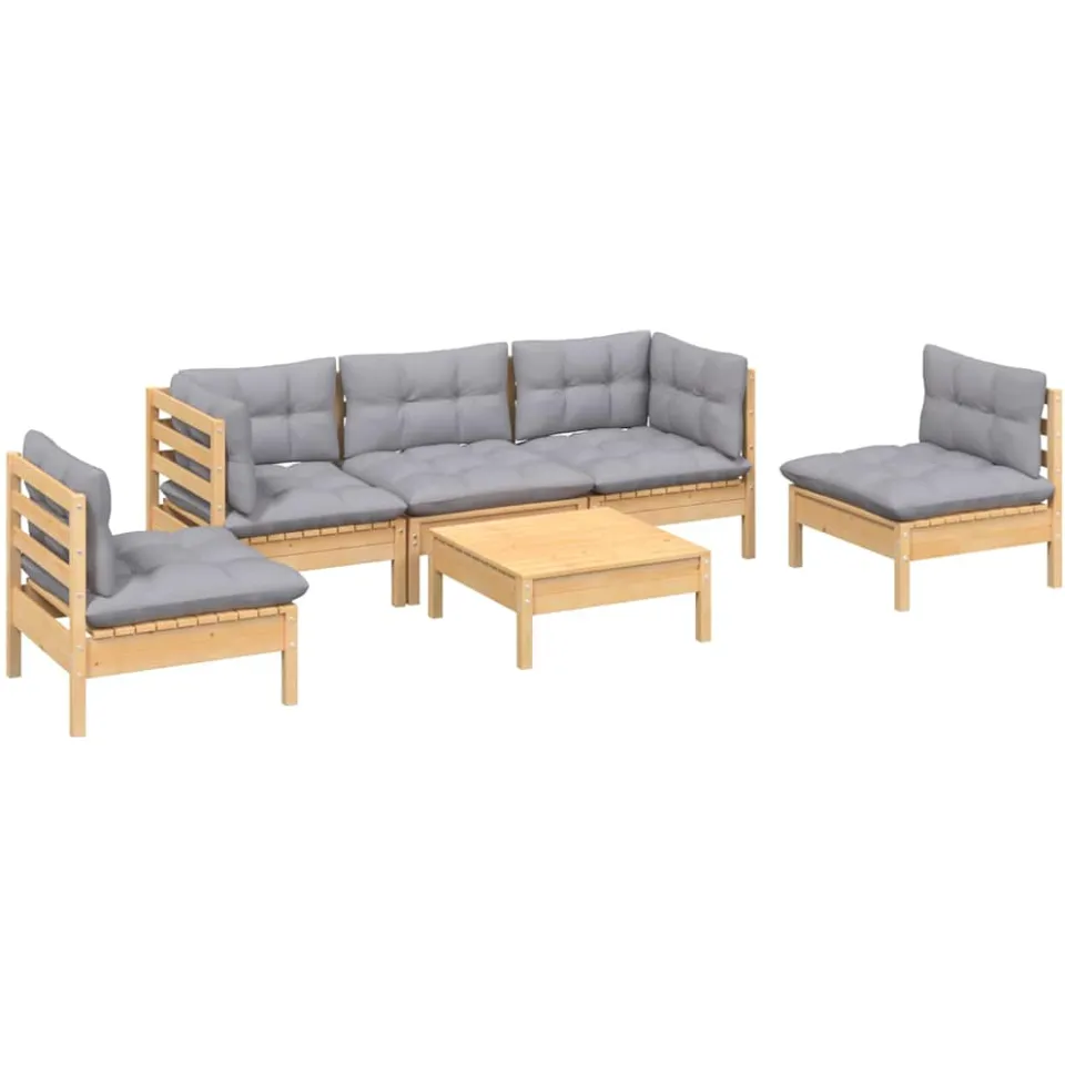 vidaXL 6-delige Loungeset met grijze kussens massief grenenhout grijs