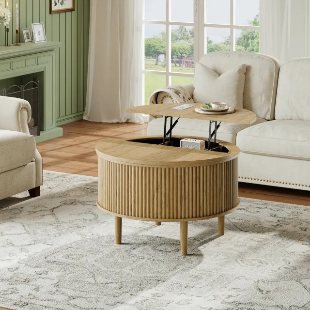 STILVORA Salontafel - Ronde Opklapbare Tafel Met Opbergruimte - In Hoogte Verstelbaar Voor Woonkamer - Spaanplaat - 80 x 80 x 50 cm - Naturel Natural