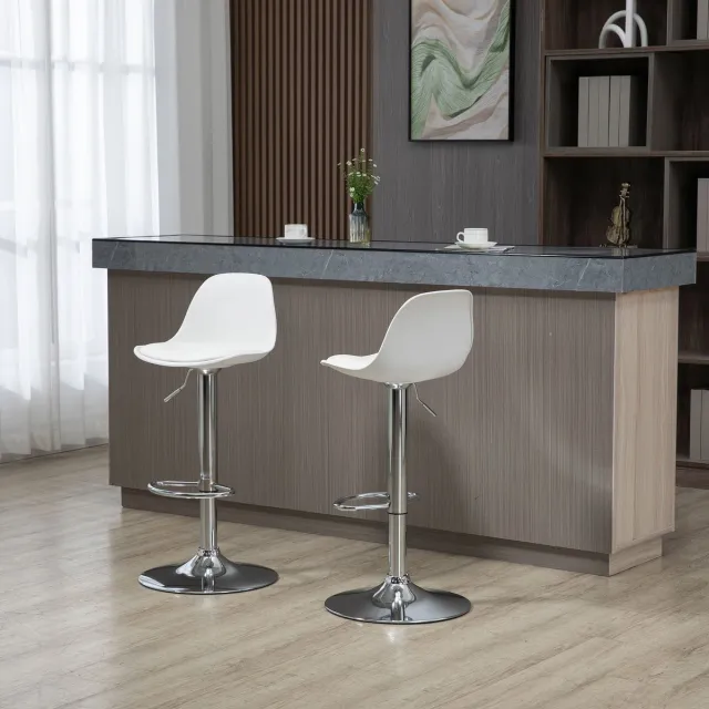 Wishdor Set Van 2 Barkrukken - Draaibaar En In Hoogte Verstelbaar Met Ergonomische Rugleuning En Voetensteun - Modern Ontwerp Voor Keuken Of Thuisbar - Kunstleer En Verchroomd Staal - Wit - 42 X 38 X 82-104 Cm