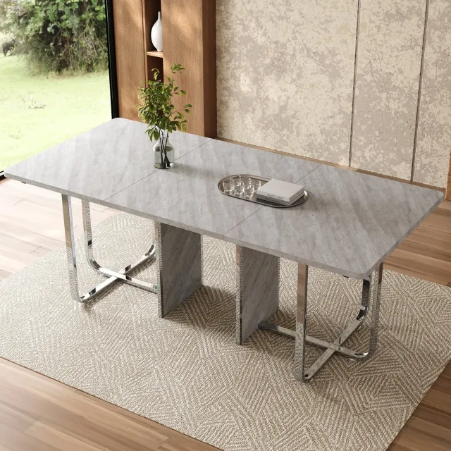 CHICFURN Eettafel 180 cm - 6 personen - Ruim tafelblad - Metalen poten - Eetkamer - MDF en metaal - Grijs en zilver