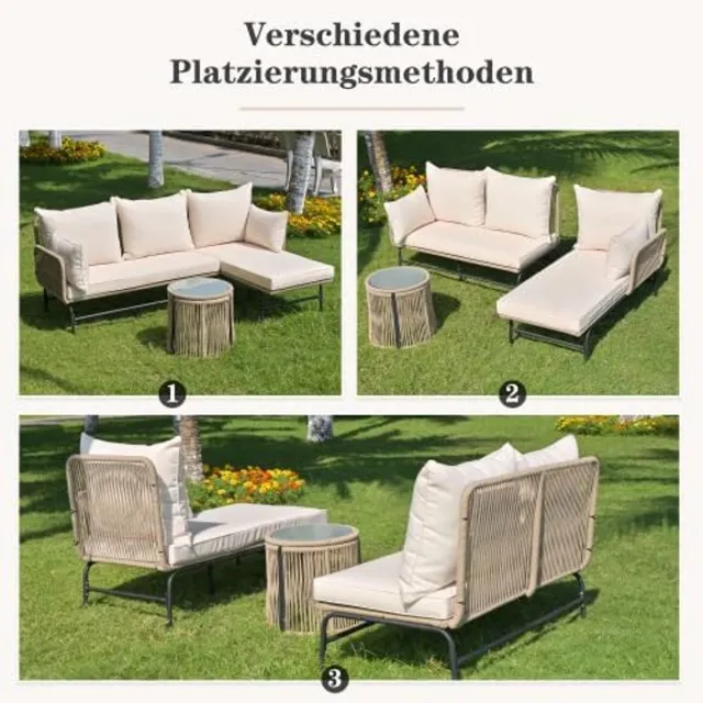 Laura L-vormige Loungeset 187x58x78 cm voor Buiten – Verstelbare Rugleuning, Handgeweven Rotan Tuinmeubelset met 8 cm Dikke Kussens – 2-zitsbank en Ligstoel – Weerbestendig, UV-bestendig en Comfortabel – Laura Beige