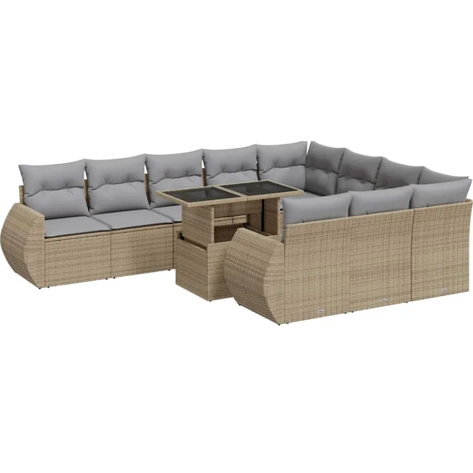 vidaXL 11-delige Tuinset met kussens poly rattan beige