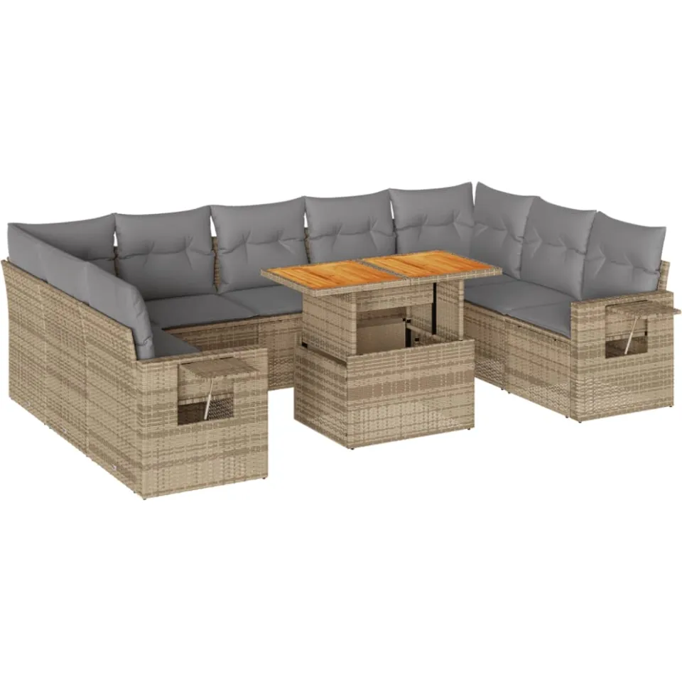 vidaXL 10-delige Loungeset met kussens poly rattan beige, foto 3