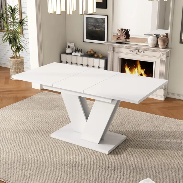 Pugsdrly Uitschuifbare tafel 120/160*80 cm, voor 4 tot 6 personen, rechthoekige tafel, dik tafelblad, V-poten, eenvoudige stijl, uitschuifbare tafel, wit