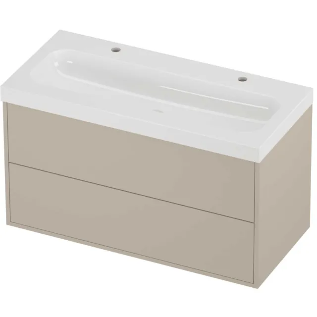 Proline Haga Badmeubelset Polystone Mezza 2 Kraangaten 100x46x58 cm Glans Wit Soft Linen Beige