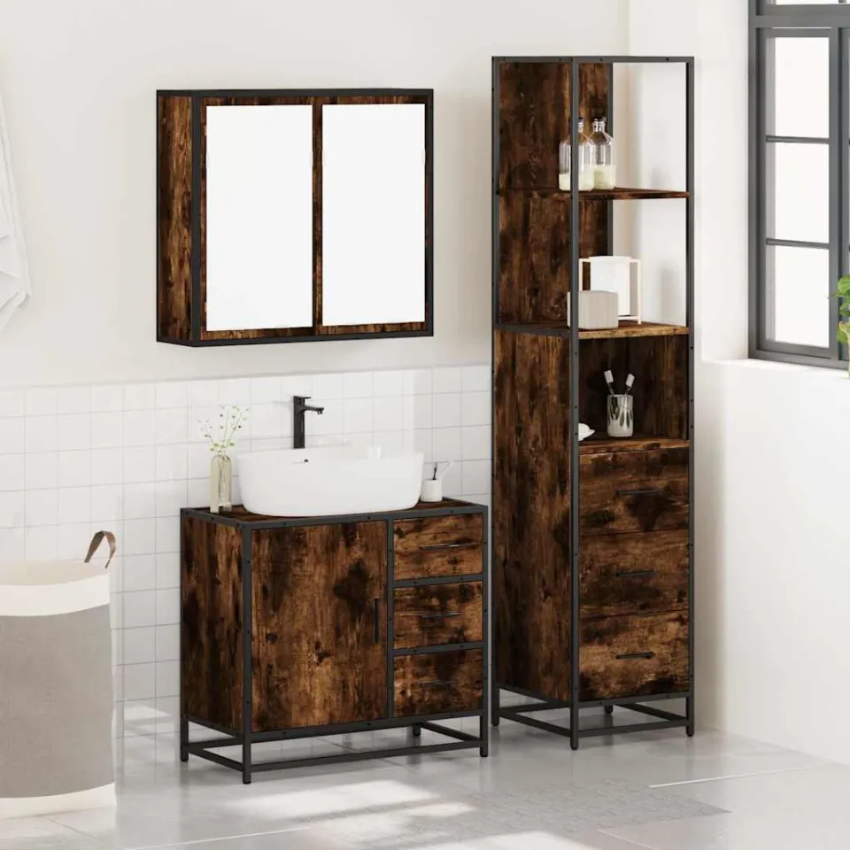 vidaXL 3-delige Badkamermeubelset bewerkt hout gerookt eikenkleurig, foto 2