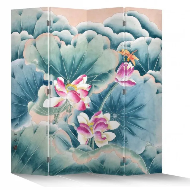 Fine Asianliving Chinees Kamerscherm Oosters Scheidingswand B160xH180cm 4 Panelen Roze Lotus Libelle Multicolour