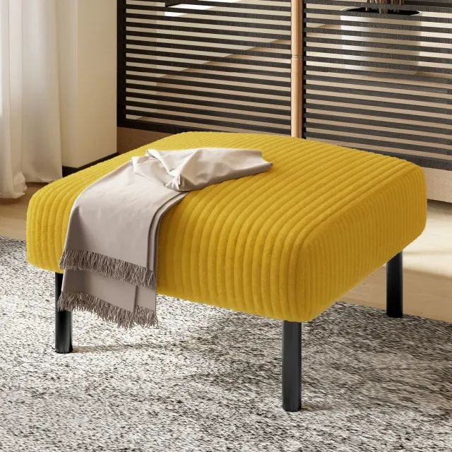 MEUNIQ Voetenbankje 56 x 51 x 39 cm van geel cordstof, gepolsterde hocker met metalen frame voor woonkamer, slaapkamer of kantoor