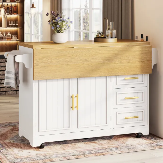 HAUSS SPOLE Keukeneiland - Opklapbaar Werkblad en 3 Lades - Verrijdbare Keukenkast voor Koken en Eten - MDF - Wit en Eikenlook - 120x40x95 cm