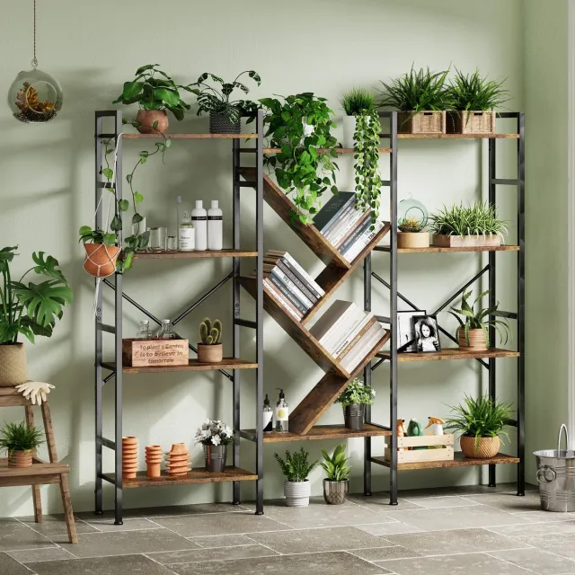 Triumpunpre Brede Boekenkast 4 Lagen - 158x24x140cm - 14 Open Planken - Industriële Opbergkast Met Metalen Frame - Boomvormig Boekenrek - Voor Woonkamer Thuiskantoor Slaapkamer - Bruin