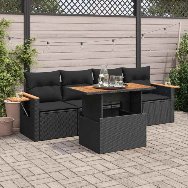 vidaXL 5-delige Loungeset met kussens poly rattan acacia zwart, foto 2