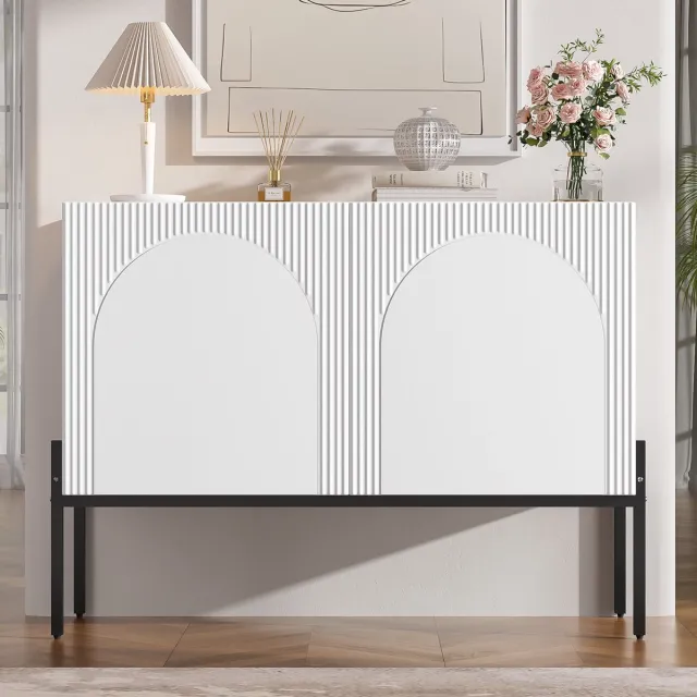 HAUSS SPOLE Dressoir - Modern Boogdesign Met 2 Deuren En Metalen Poten - Voor Woonkamer Eetkamer En Hal - Spaanplaat - 100x40x75 Cm - Wit