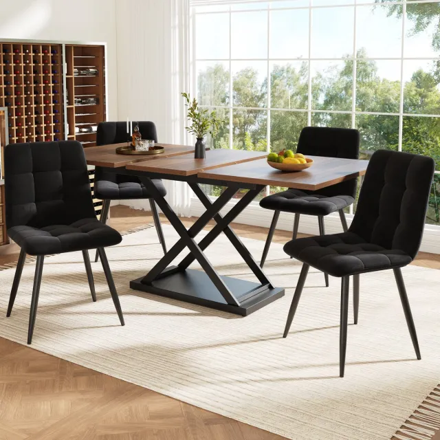 REDOM 5-Delige Eethoek - Uitschuifbare Eettafel Met 4 Stoelen - Modern - MDF En Metaal - Walnootkleur En Zwart - 120-160 x 80 x 75 cm Walnoot + zwart