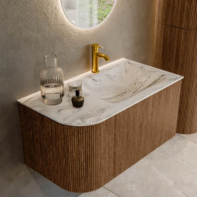 Mondiaz KURVE-DLUX 85 cm Onderkast Greeploos 1 Lade Met Deuren Walnut, Wastafel Solid Surface Rechts Glace 1 Kraangat Zonder Spiegel (KRVCLO85L1L1D1KR-Wal/Gla)