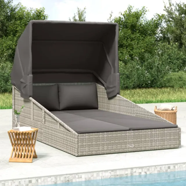 vidaXL Ligbed met inklapbaar dak 200x114x128 cm poly rattan grijs, foto 2