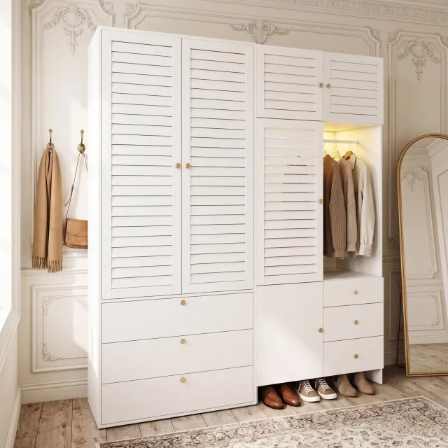 HAUSS SPOLE Kledingkast - 6 Laden, 2 Kledingstangen en Uitneembare Wasmand - met Ledverlichting voor de Slaapkamer - Spaanplaat - Wit - 180x50x200 cm