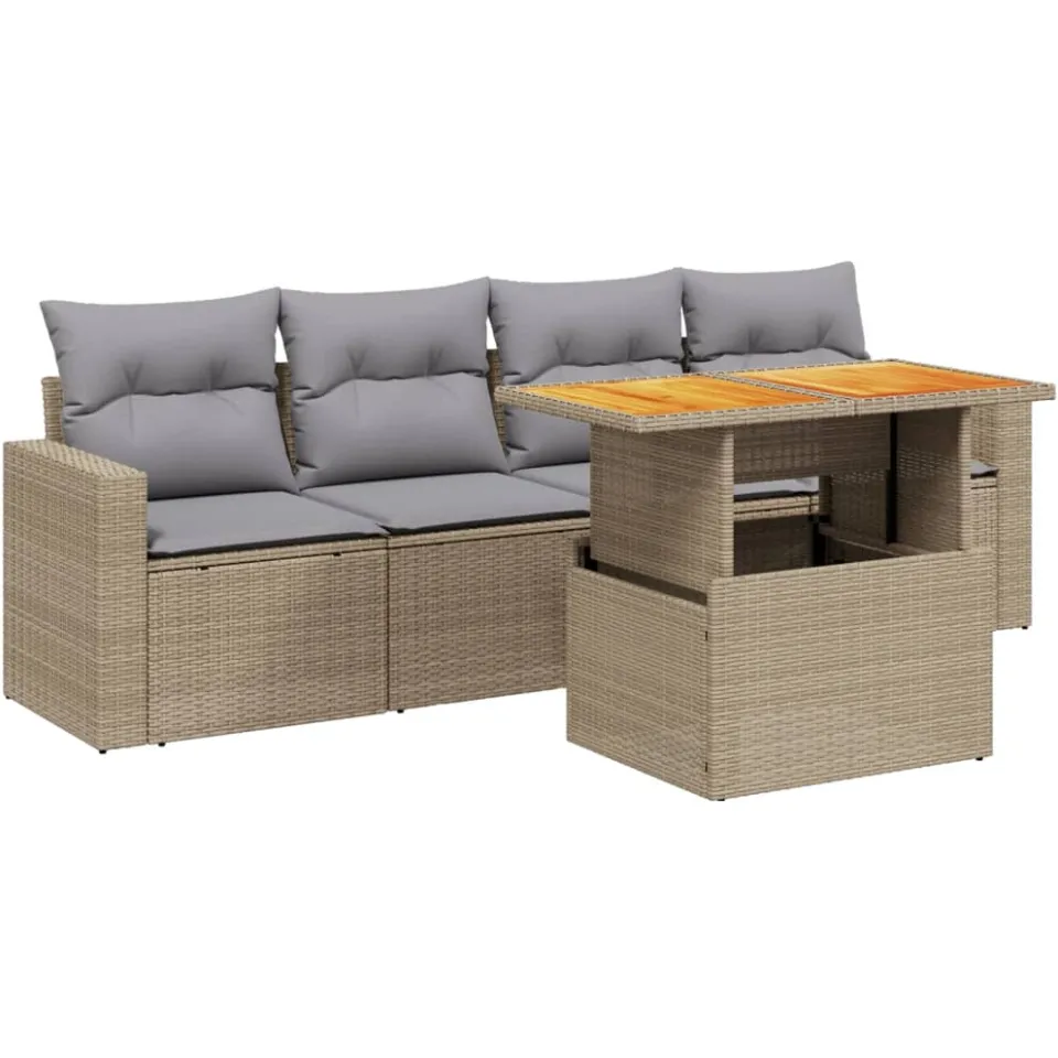 vidaXL 5-delige Loungeset met kussens poly rattan beige, foto 3