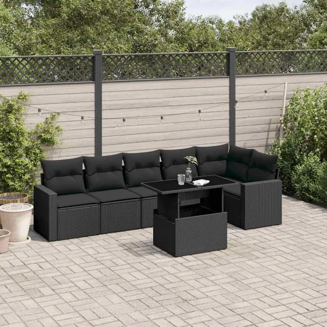 vidaXL 7-delige Loungeset met kussens poly rattan zwart, foto 2