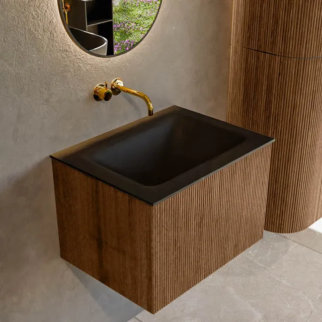 Mondiaz KURVE 60 cm Onderkast Greeploos 1 Lade Zonder Deuren Walnut, Wastafel Solid Surface Midden Urban 0 Kraangaten Zonder Spiegel (KRVCLO601L0D0KM-Wal/Urb)