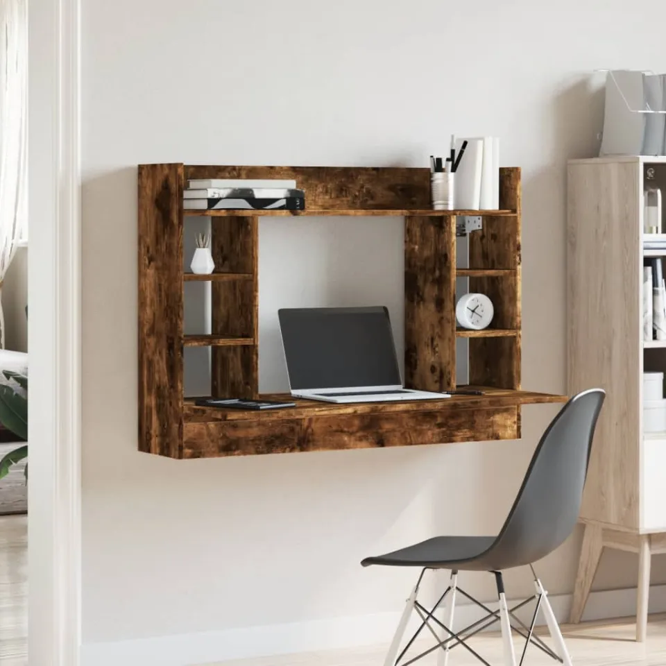 vidaXL Wandbureau 105x48x75 cm bewerkt hout gerookt eikenkleurig, foto 3