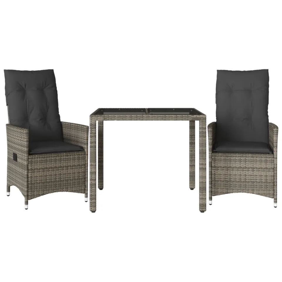 vidaXL 3-delige Bistroset met kussens poly rattan grijs, foto 3