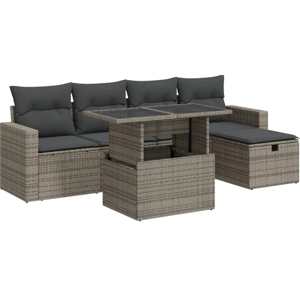 vidaXL 6-delige Loungeset met kussens poly rattan grijs, foto 3