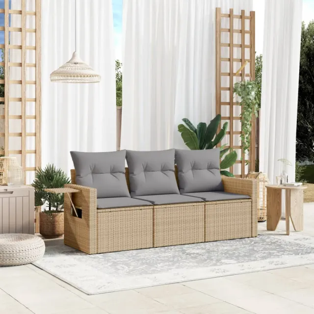 vidaXL 3-delige Loungeset met kussens poly rattan beige, foto 2