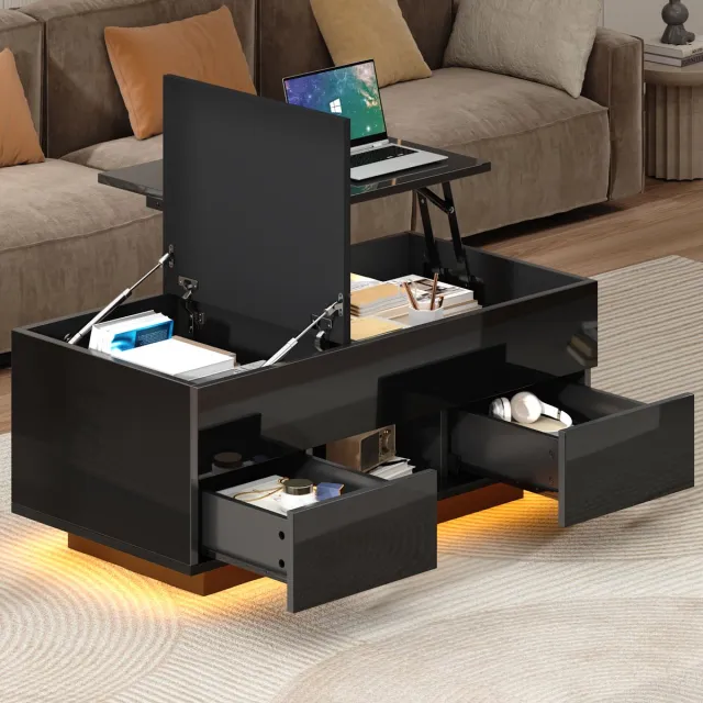 PHOEBE CAT Salontafel - In hoogte verstelbaar tafelblad - 2 lades - Hoogglans - LED-verlichting - Zwart