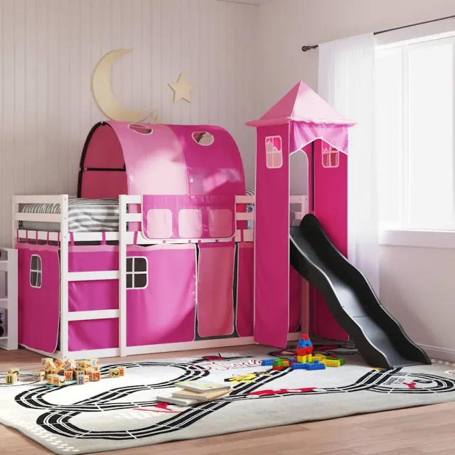 vidaXL Stapelbed met glijbaan en gordijnen roze 90x200 cm