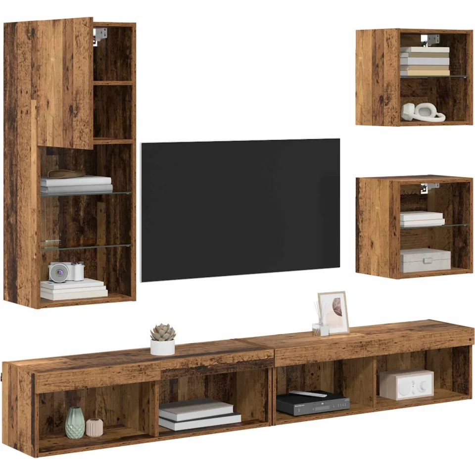 vidaXL TV Wand Eenheden met LED 5 st Oud Hout 100 x 30 x 30 cm Bruin