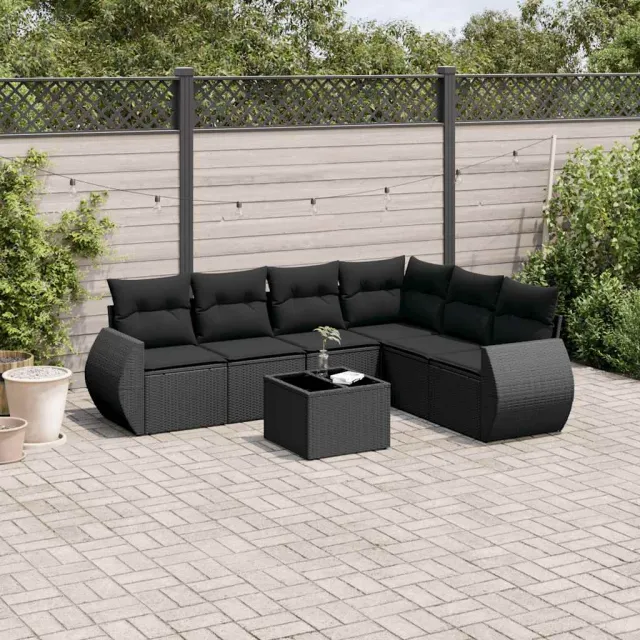 vidaXL 7-delige Loungeset met kussens poly rattan zwart, foto 2