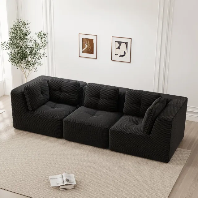 OKWISH Hoekbank Modulaire 3 Zits - Diepe Zitting En Geen Montage - Voor Woonkamer - Cord - Zwart