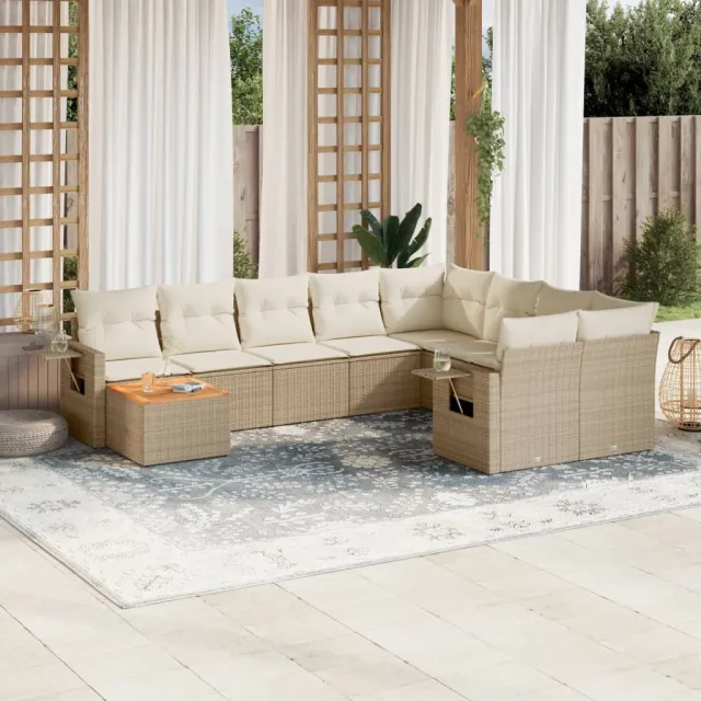 vidaXL 10-delige Loungeset met kussens poly rattan beige, foto 2