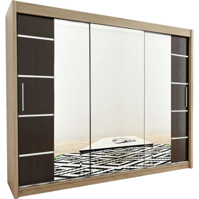 AJE Meubles B.V. InspireMe - Kledingkast met 3 schuifdeuren, Modern-stijl, Kledingkast met planken (BxHxD): 250x200x62 - VENTILA IV 250 Sonoma Eik + Zwart Mat mat 4 lades