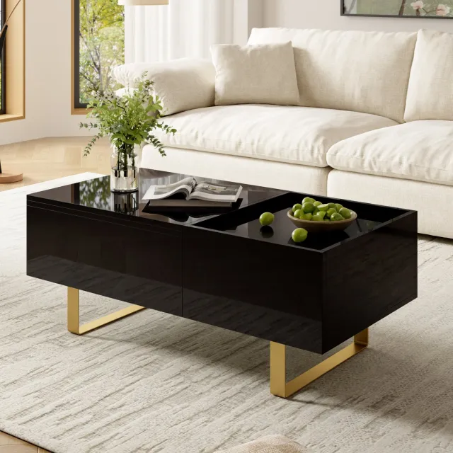 Maisentiel Hoogteverstelbare salontafel 100 x 50 cm met lade, MDF hoogglans zwart