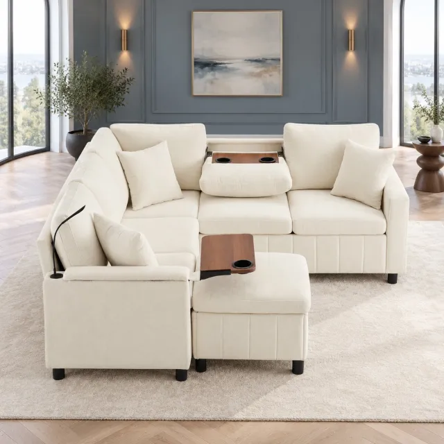 WUVRIE Hoekbank 205x205 cm - Slaapfunctie, hocker met opbergruimte, USB en Type-C - Beige