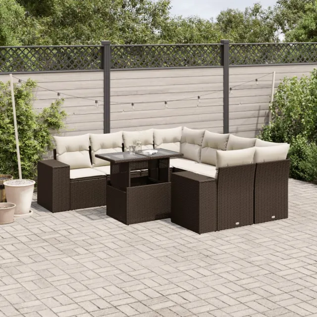 vidaXL 9-delige Loungeset met kussens poly rattan bruin, foto 2