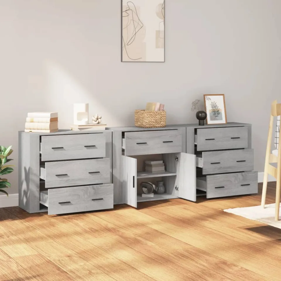 vidaXL Dressoirs 3 st bewerkt hout grijs sonoma eikenkleurig, foto 3