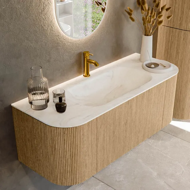 Mondiaz KURVE-DLUX 120 cm Onderkast Greeploos 1 Lade Met Deuren Oak, Wastafel Solid Surface Midden Ostra 1 Kraangat Zonder Spiegel (KRVBGS120L+R1L2D1KM-Oak/Ost)