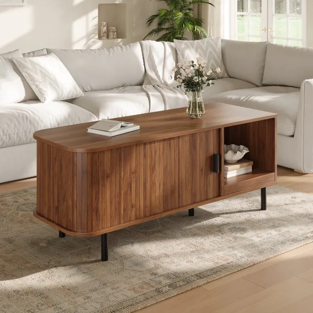 HAUSS SPOLE Salontafel - Schuifdeur Met Verborgen Opbergruimte - Voor Woonkamer - MDF En Spaanplaat - 110x40x55 Cm - Walnootkleur