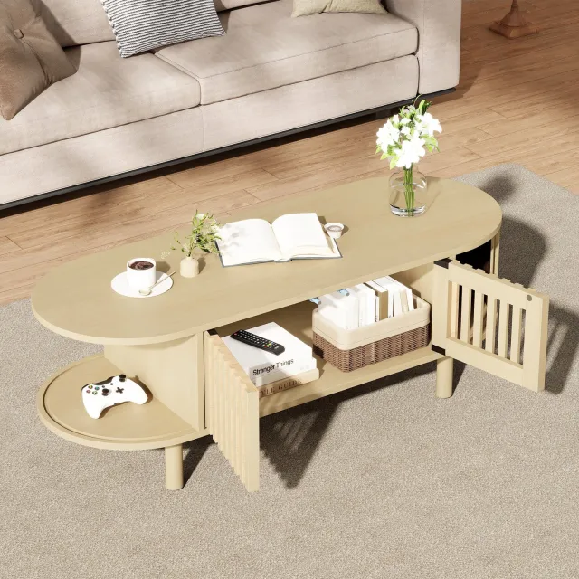 Sweiko Ovaal Salontafel – van MDF – 2 luikdeurtjes – Massief hout poten – Met opbergplank – Natuurlijke