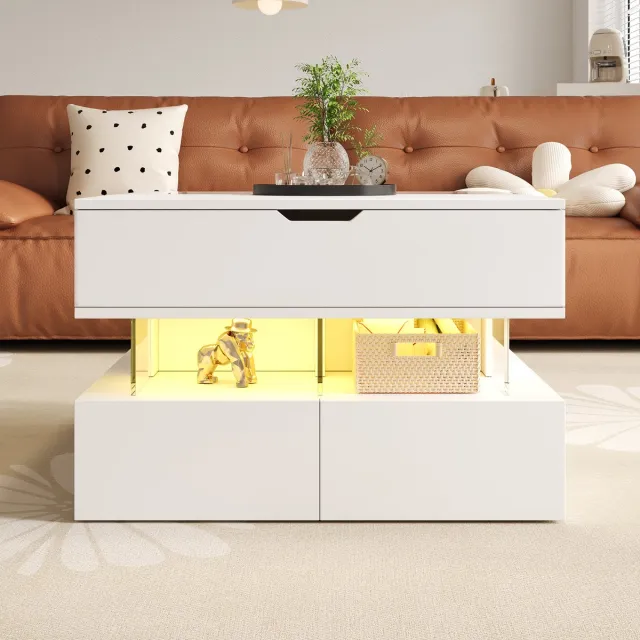 Merax Verstelbare salontafel voor de woonkamer - met 16-kleuren verlichting - glazen tafelblad en acrylondersteuning Wit
