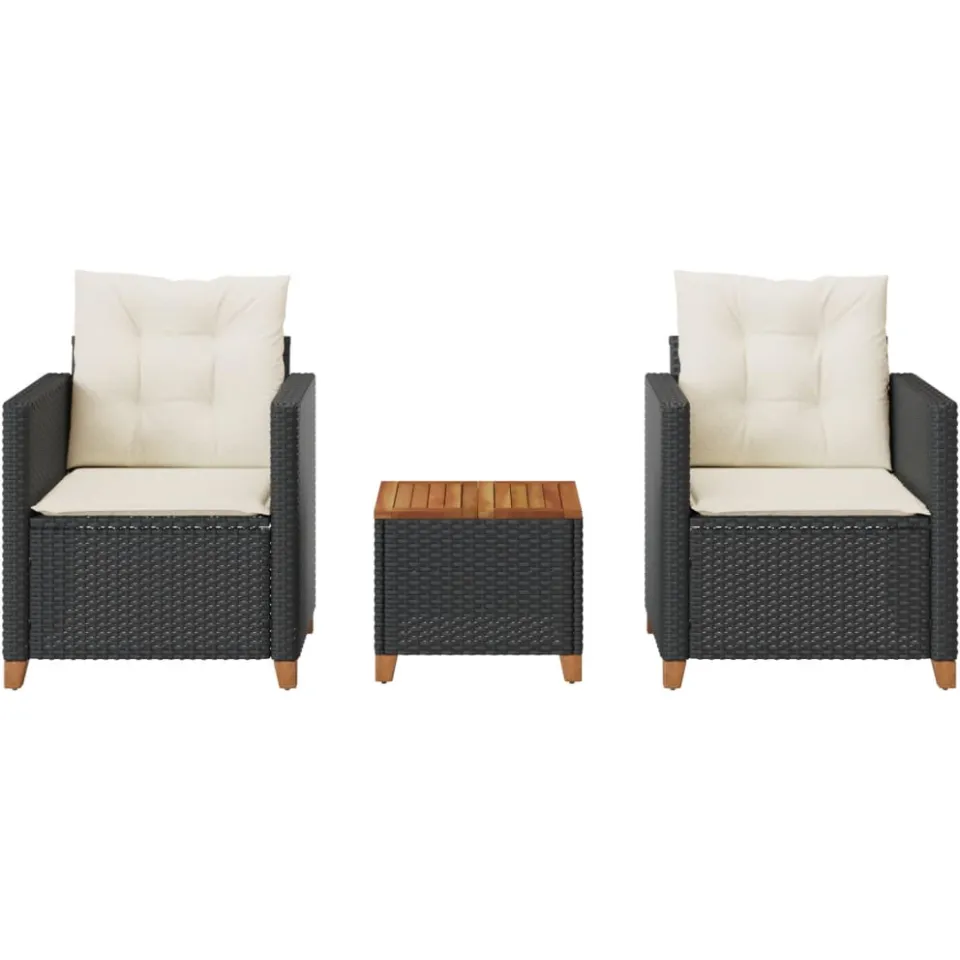vidaXL 3-delige Bistroset met kussens poly rattan en acaciahout zwart